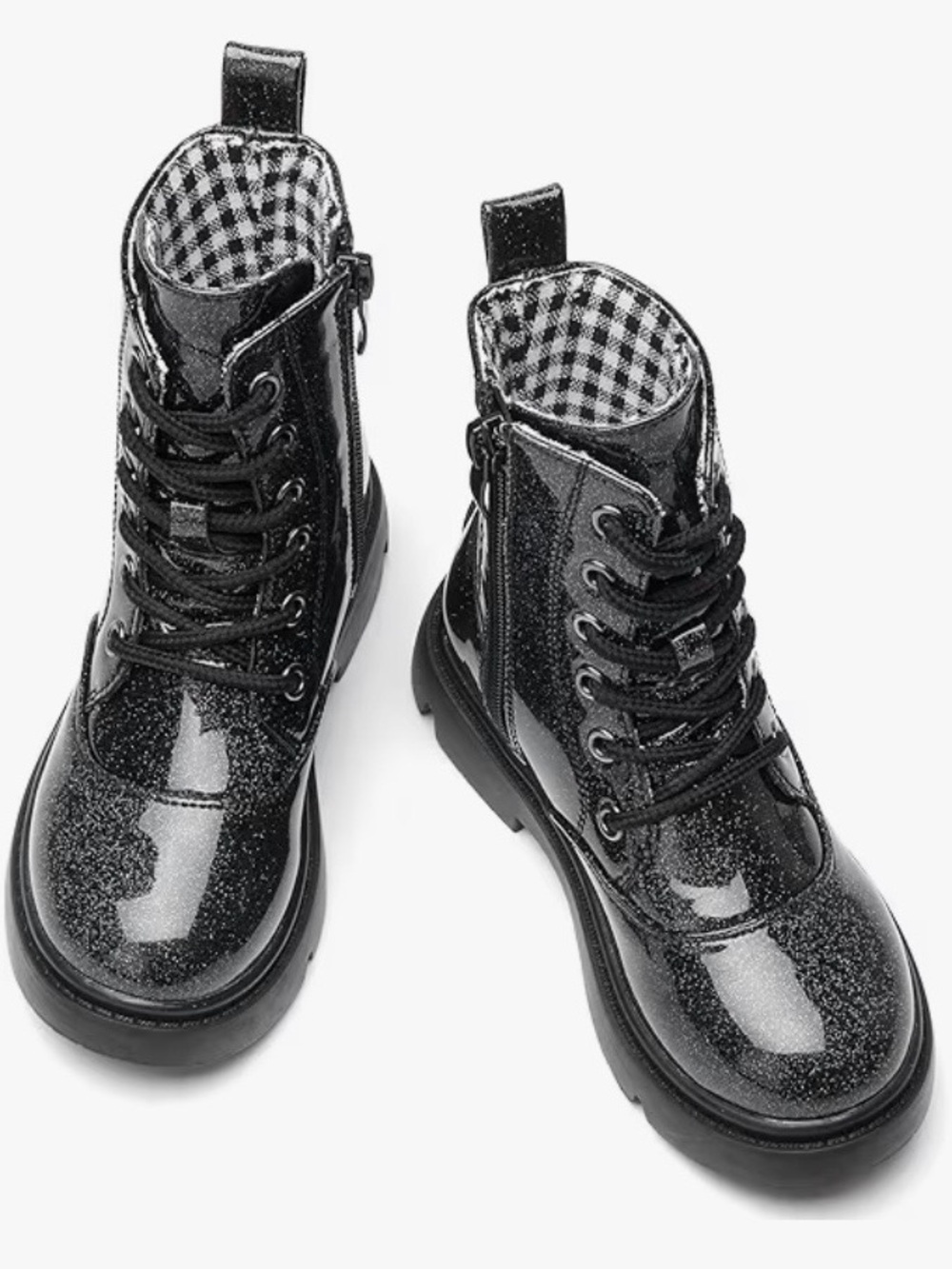 Girls' Black Glitter Lace-Up Combat Boots